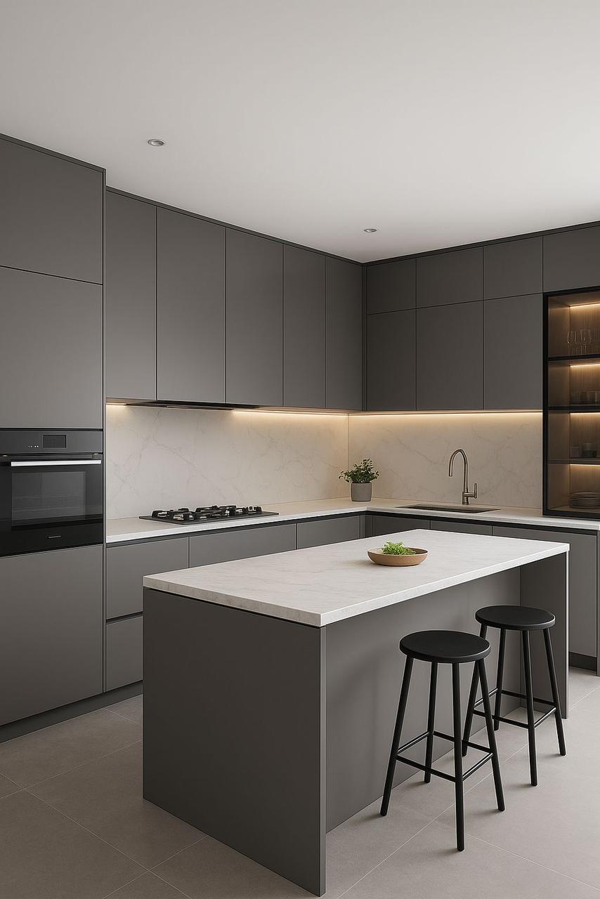 Cuisine Contemporaine Minimaliste : Harmonie de Gris Anthracite et Marbre Clair